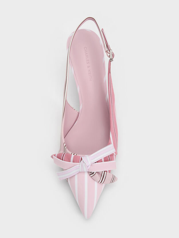 Striped Knot-Bow Pointed Slingback Pumps, Light Pink, hi-res