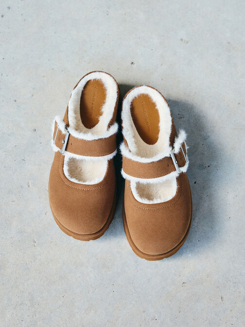 Bergen Textured Fur-Trim Buckled Platform Mules, Brown, hi-res