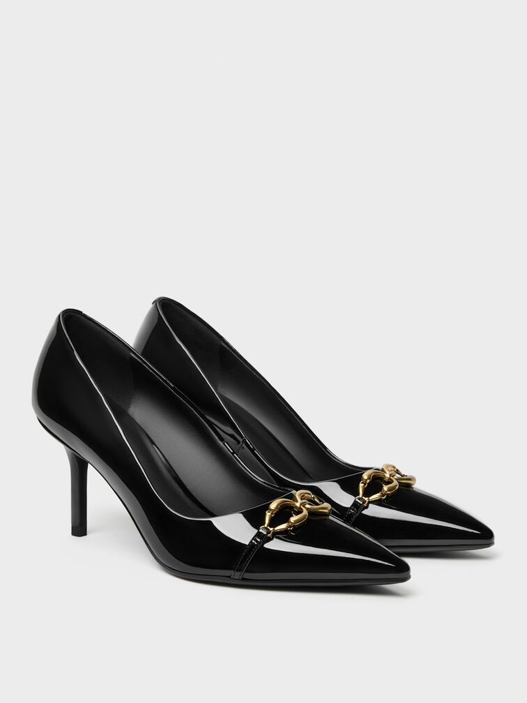 Spitze Lack-Pumps mit Metallschnalle, Schwarzer Lack, hi-res