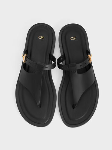 Sandalias asim&eacute;tricas de cuero tipo tanga, Negro, hi-res