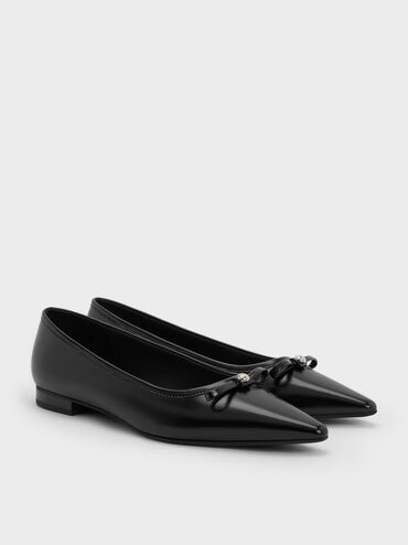Bow Metallic-Accent Pointed-Toe Ballet Flats, Black, hi-res