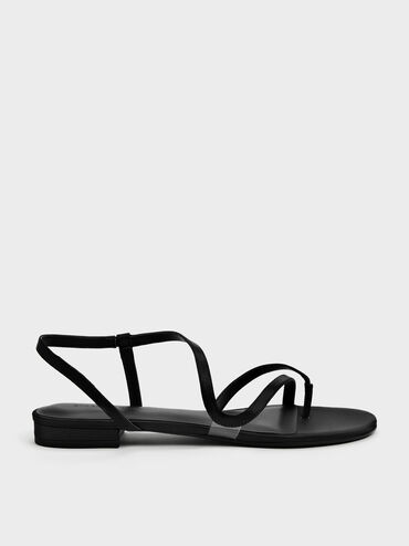 Arden Satin Wavy Strappy Toe-Ring Flat Slingback Sandals, Black Textured, hi-res