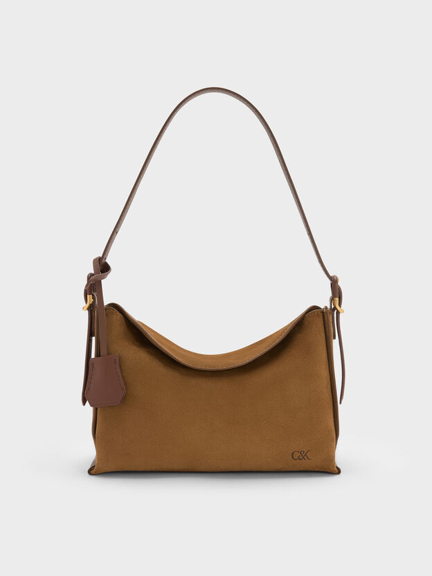 Leather & Suede Top-Flap Hobo Bag, Brown, hi-res