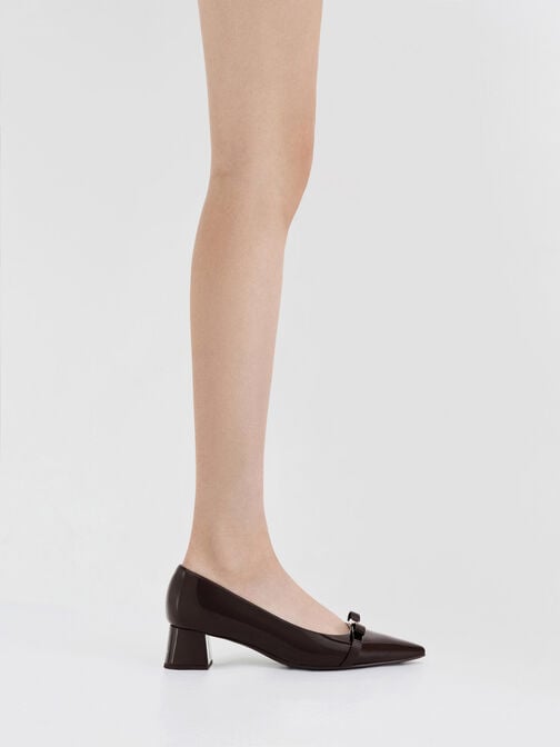 Dorian Patent Bow Pointed-Toe Block-Heel Pumps, Dark Brown, hi-res