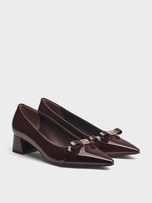 Dorian Patent Bow Pointed-Toe Block-Heel Pumps, Dark Brown, hi-res