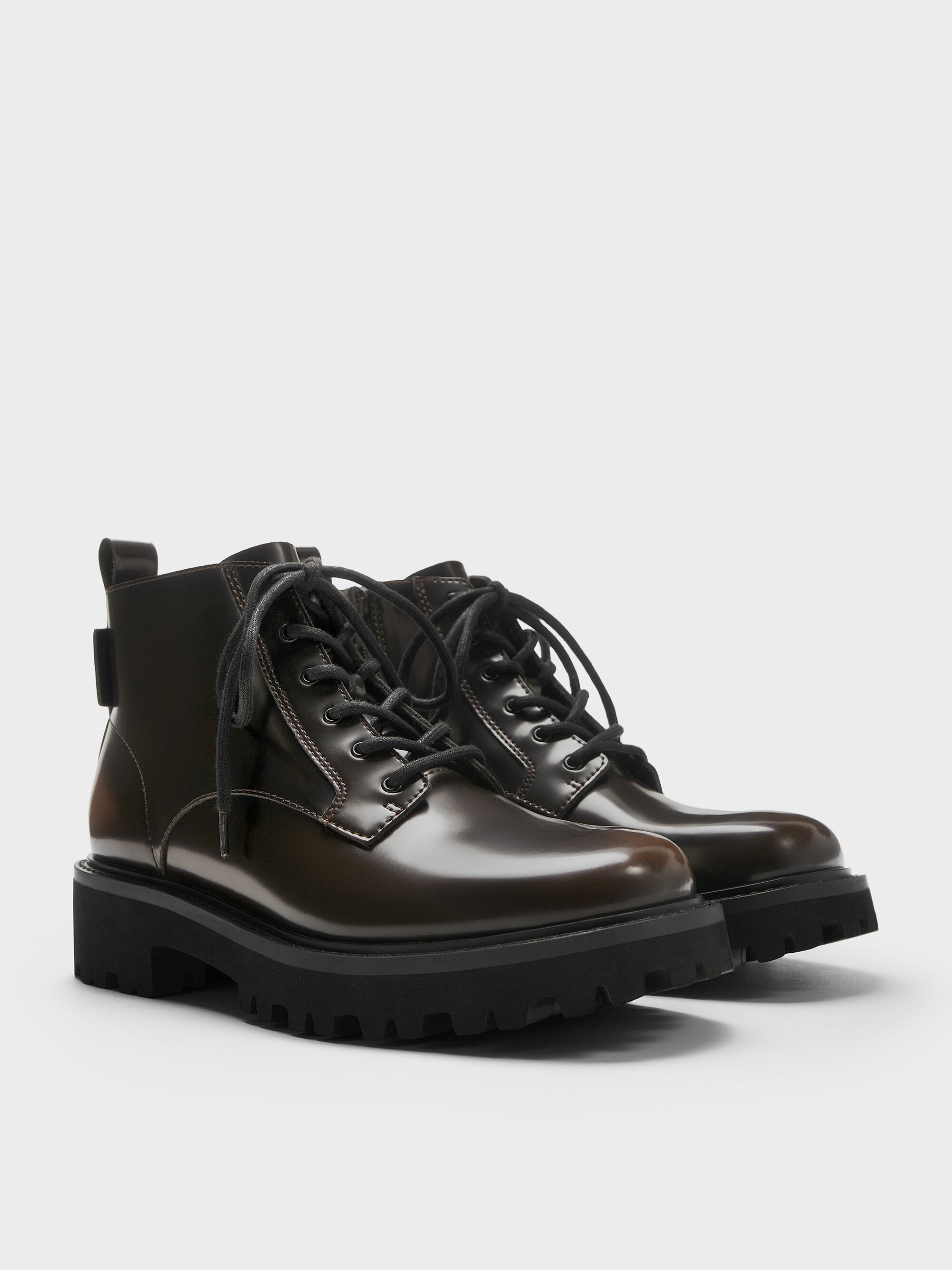 Dark Brown Ridged-Sole Side-Zip Combat Boots - Dark Brown - Shoes