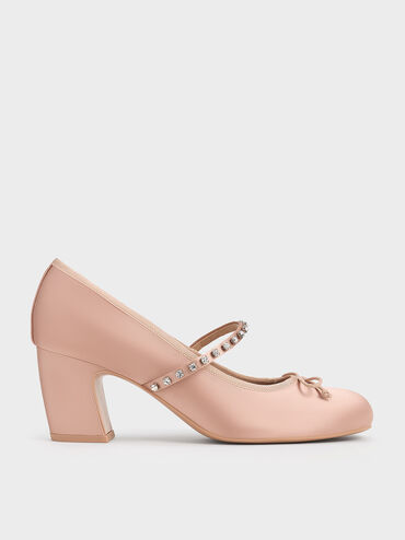 Satin Gem-Embellished Bow Mary Jane Pumps, Nude, hi-res