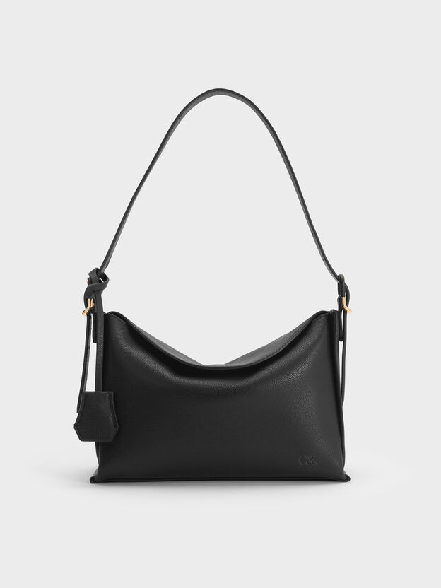 Leather Top-Flap Hobo Bag, Black, hi-res