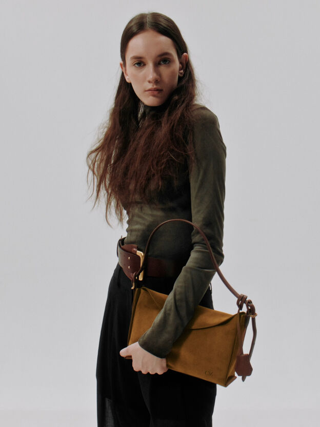 Leather & Suede Top-Flap Hobo Bag, Brown, hi-res