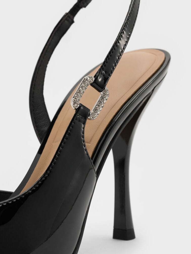 D&eacute;collet&eacute; slingback in vernice con fibbia di cristallo, Nero vernice, hi-res