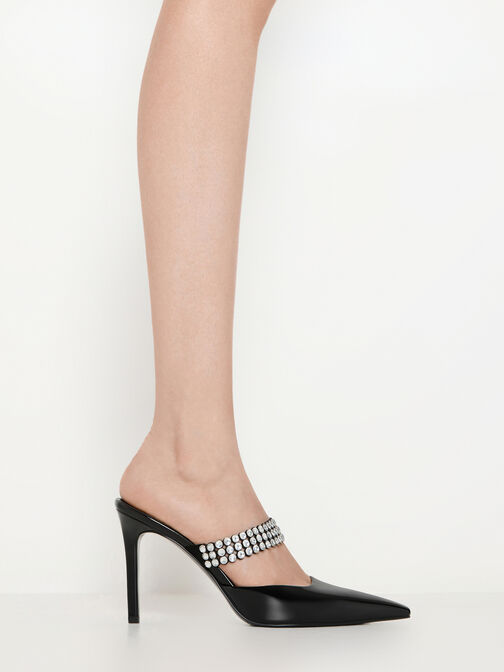 Patent Crystal-Embellished Heeled Mules, Black Patent, hi-res