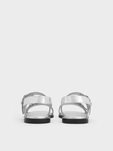 Metallic Double Buckle-Strap Slingback Sandals, Silver, hi-res