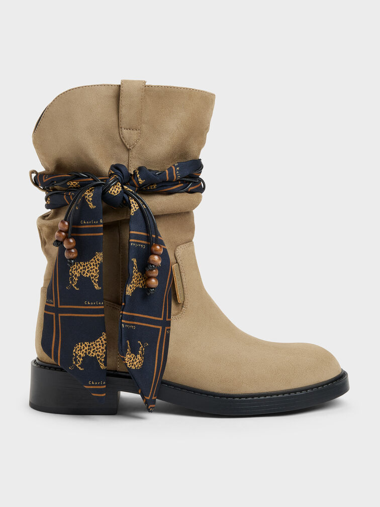 Bottes mi-mollet en su&eacute;dine avec foulard imprim&eacute;, Kaki, hi-res