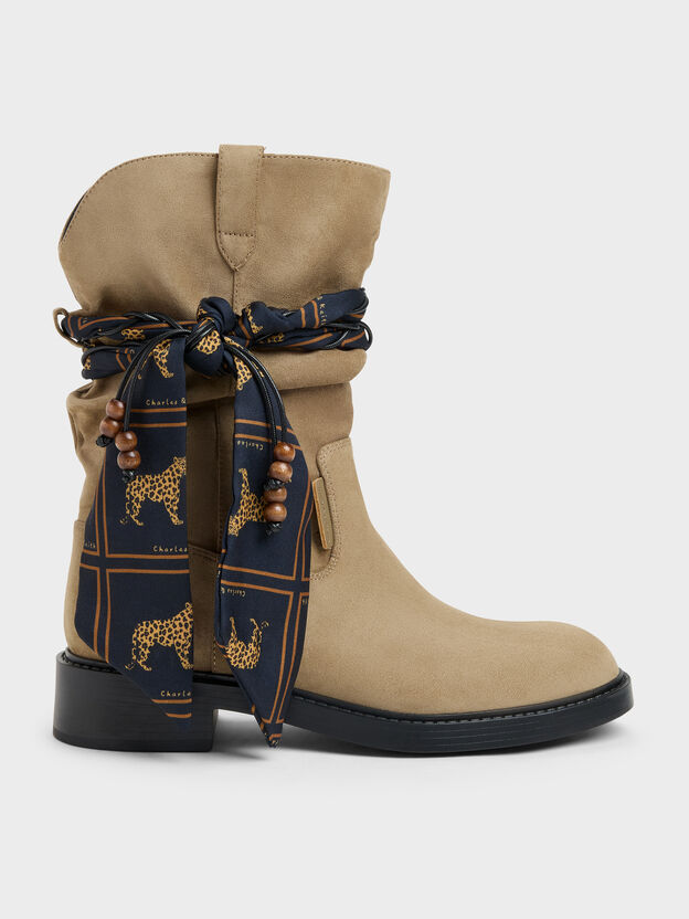 St&ouml;vlar i fuskmocka med m&ouml;nstrad scarf, Kaki, hi-res