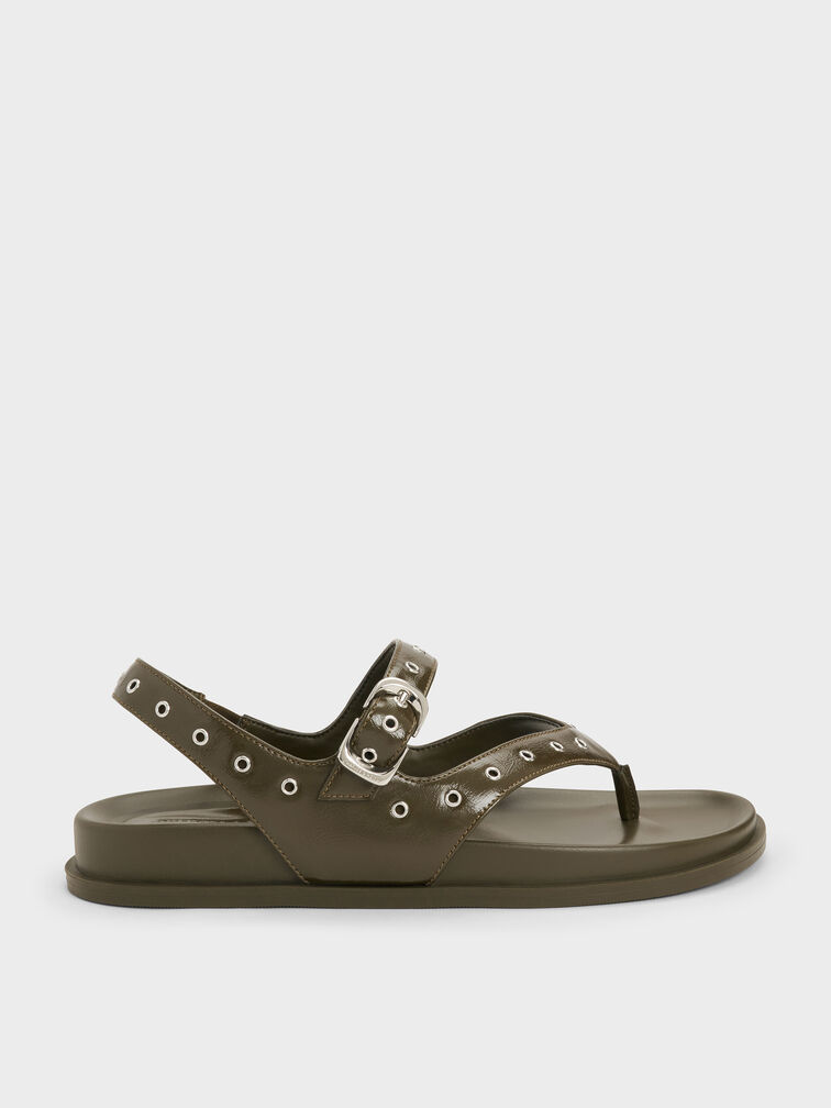 Sandales slingback &agrave; &oelig;illets et entredoigt, Vert olive, hi-res