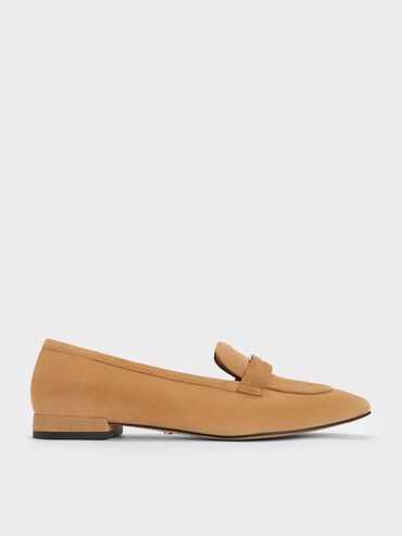 Suede Penny Square-Toe Loafers, Caramel, hi-res