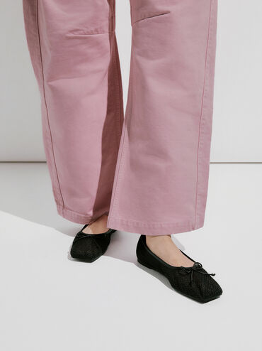 Mesh Square-Toe Bow Ballet Flats, Black Textured, hi-res