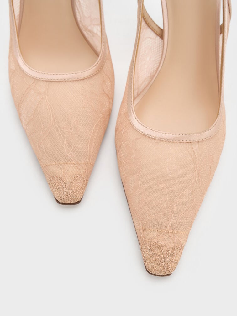 Escarpins à bride arrière en dentelle et satin, Neutre, hi-res