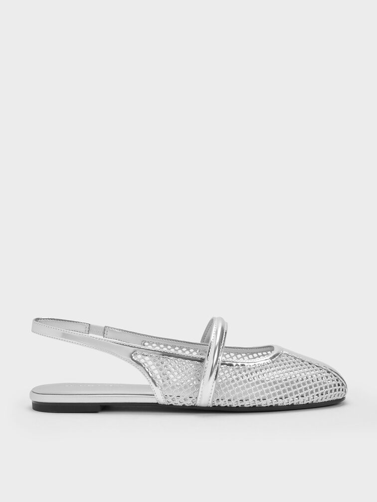 Flache Ellory Mary Jane Slingbacks aus Mesh, Silber, hi-res