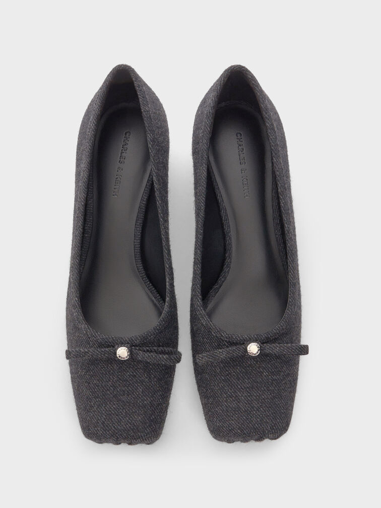 Escarpins en feutre à talon carré à détail métallique et bout carré, Gris Foncé, hi-res