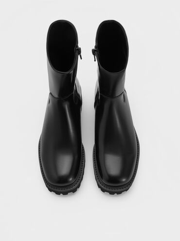 Devan Side-Zip Ridged-Sole Calf Boots, Black, hi-res