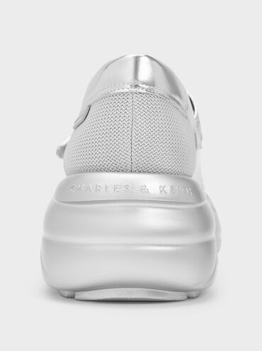 Scarpe da ginnastica Mary Jane con piattaforma curva metallizzata, Argento, hi-res