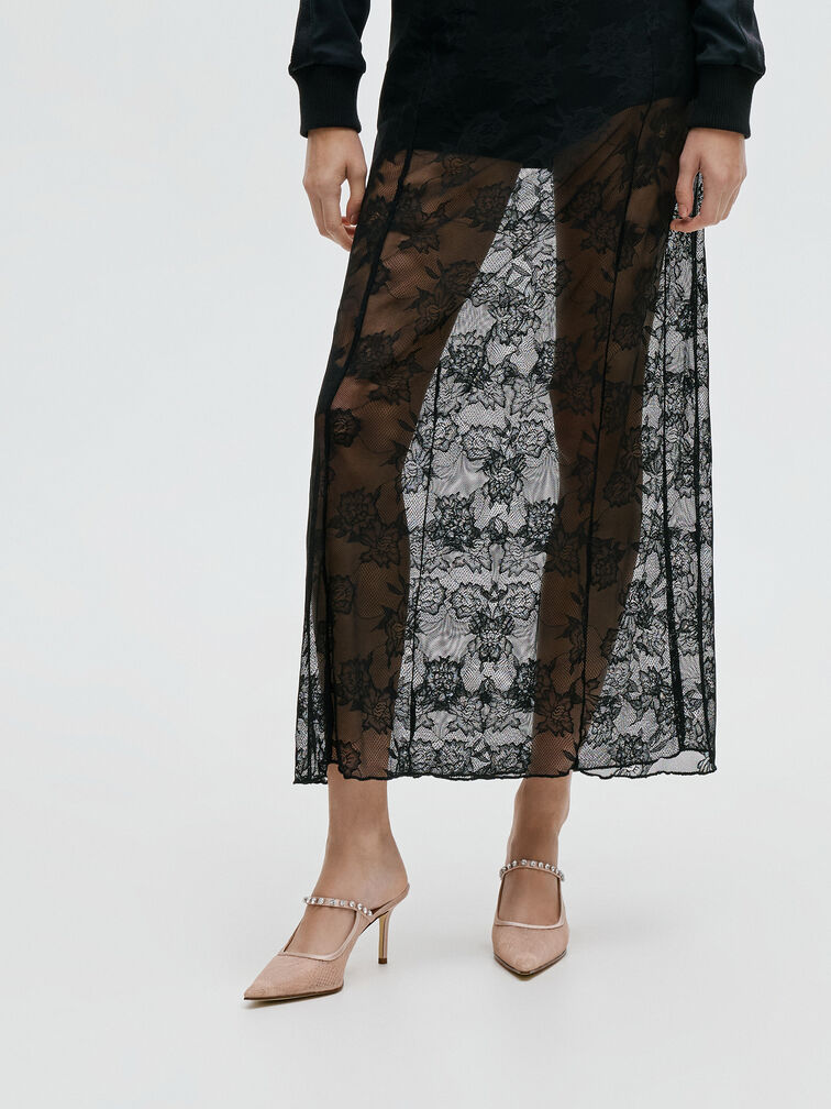 Lace & Satin Crystal Heeled Mules, Nude, hi-res