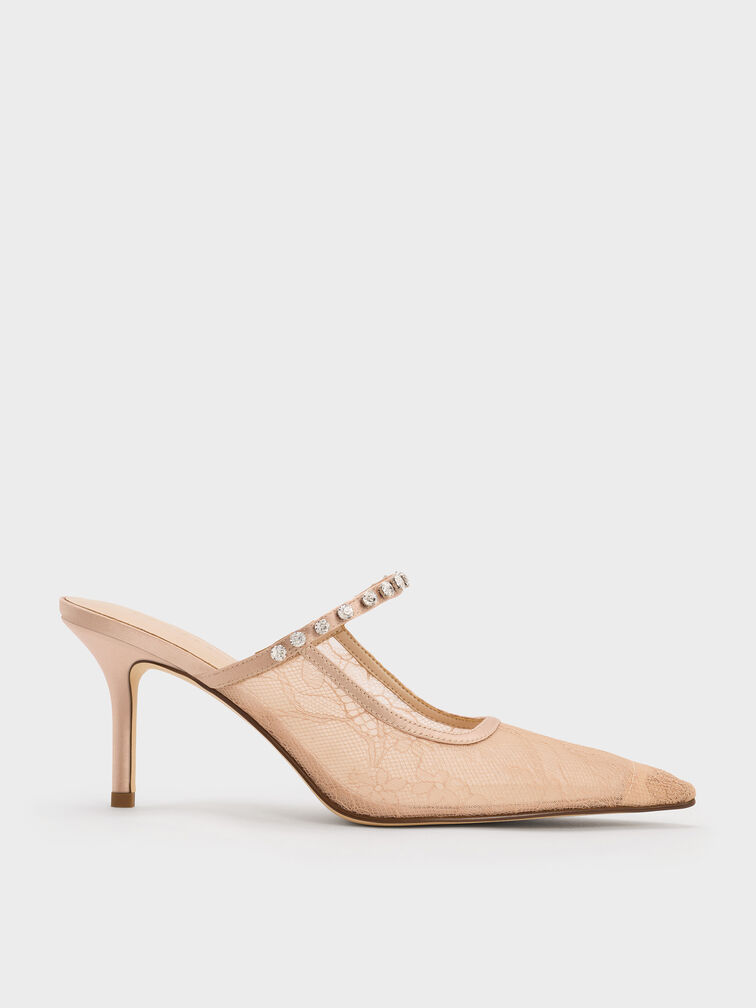Lace & Satin Crystal Heeled Mules, Nude, hi-res