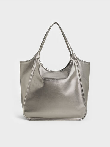 Sianna Metallic Crinkle-Effect Slouchy Tote Bag, Pewter, hi-res