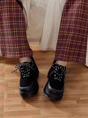 Darra Faux Suede Ridged-Sole Platform Sneakers, Black Textured, hi-res