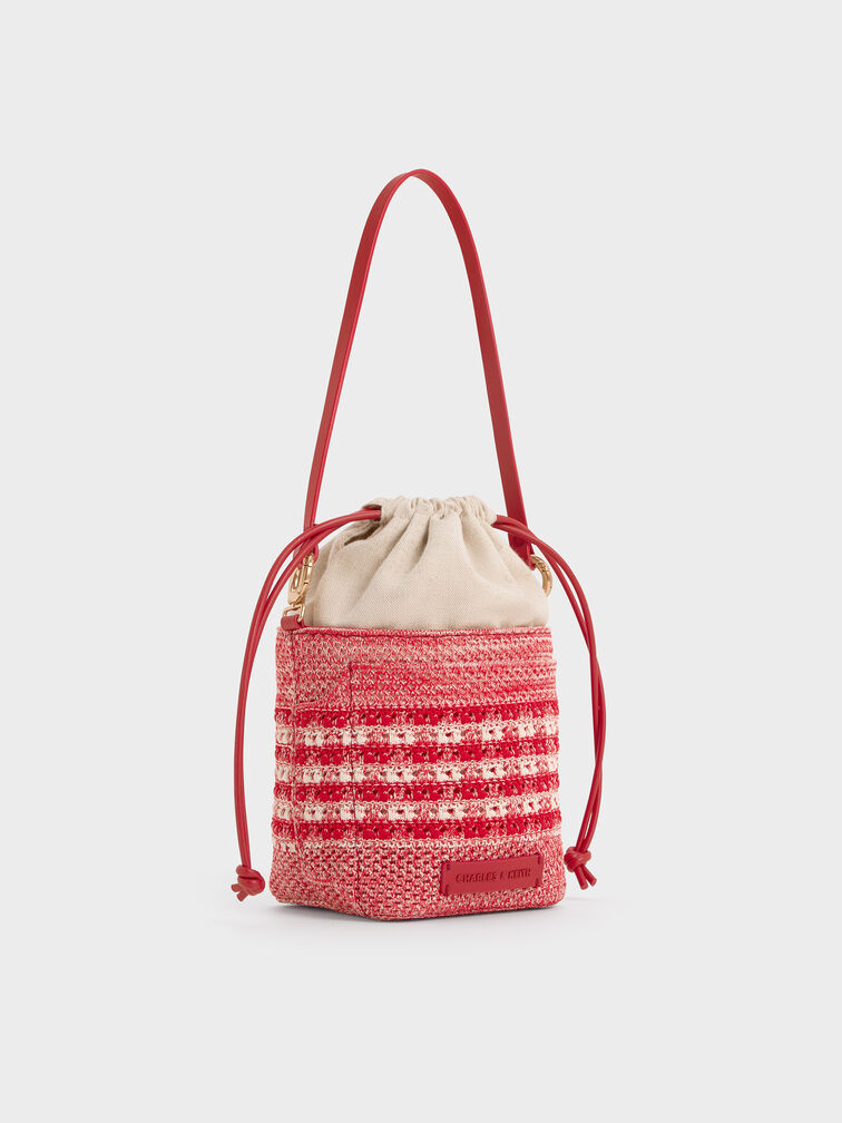 Girls' Ida Knitted Gingham Bucket Bag, Rotkariert, hi-res