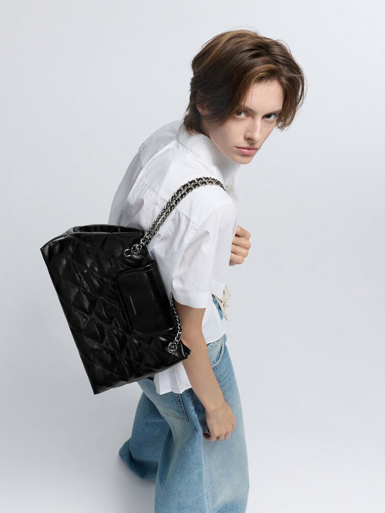 Borsa a Spalla Trapuntata Apfra Large, Nero, hi-res