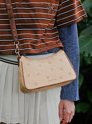 Sac bandouli&egrave;re Philomena en raphia &agrave; fleurs, Beige, hi-res