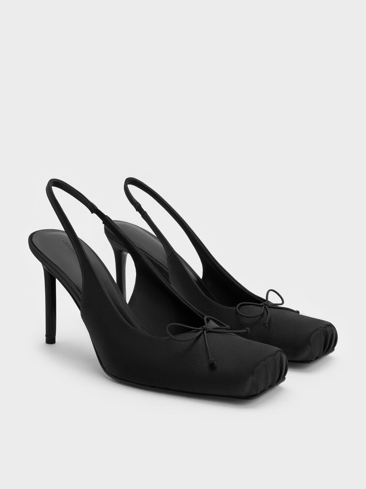 Satin-Slingpumps mit Raffung und Stilettoabsatz, Schwarz mit Textur, hi-res