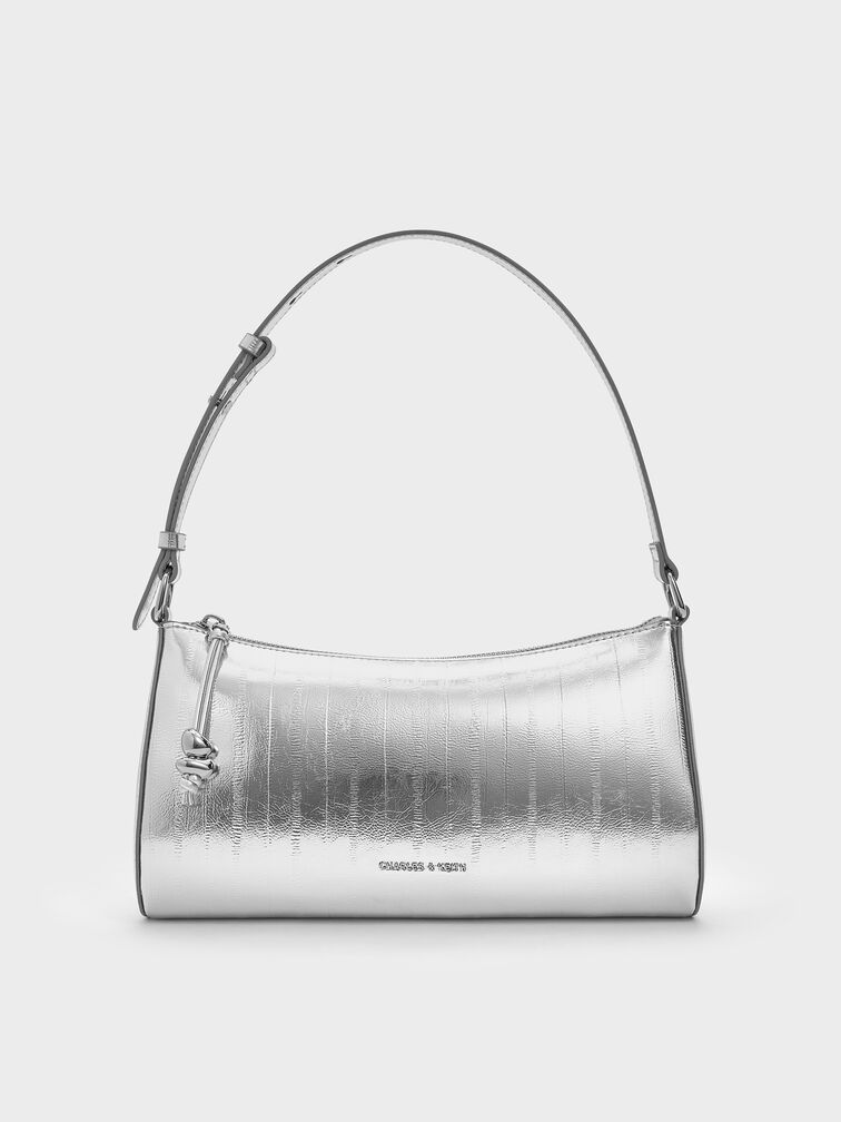 Augustine Metallic Eel-Effect Sculptural-Detail Shoulder Bag, Silver, hi-res