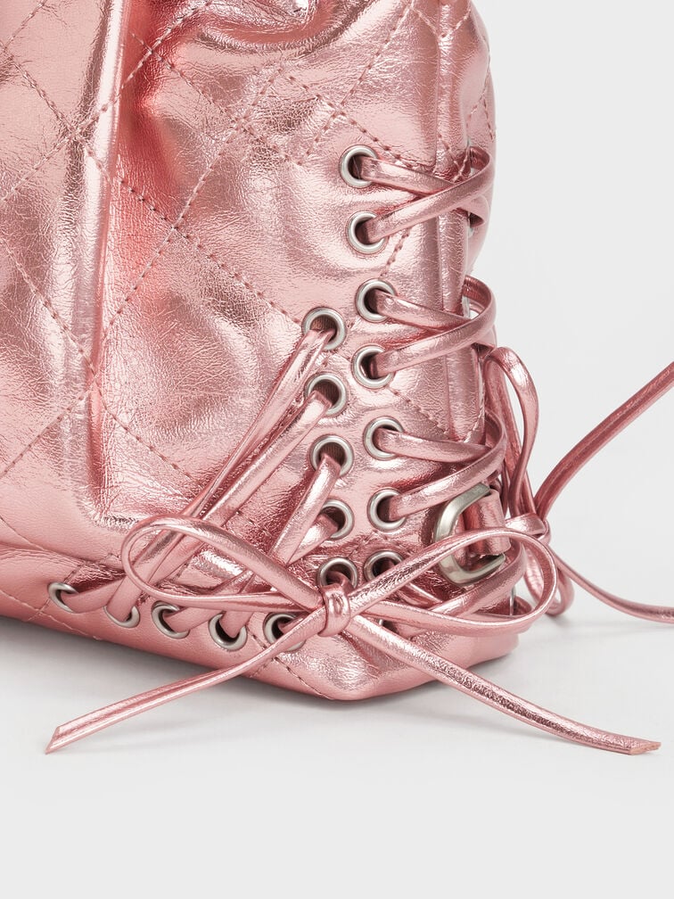 Duo Zwei-Wege-Metallic-Rucksack mit Ösen und doppeltem Kettengriff, Aura Pink, hi-res