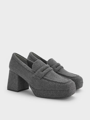 Décolleté stile mocassino in feltro con tacco a blocco e suola platform, Grigio, hi-res