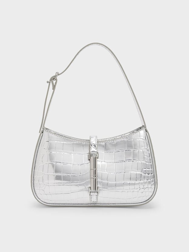 Cesia Croc-Effect Metallic-Accent Shoulder Bag, Silver, hi-res