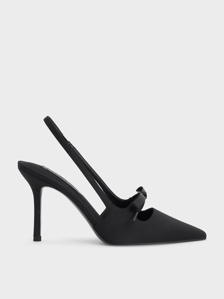 Venetia Satin Bow Pointed Slingback Pumps, Black Textured, hi-res