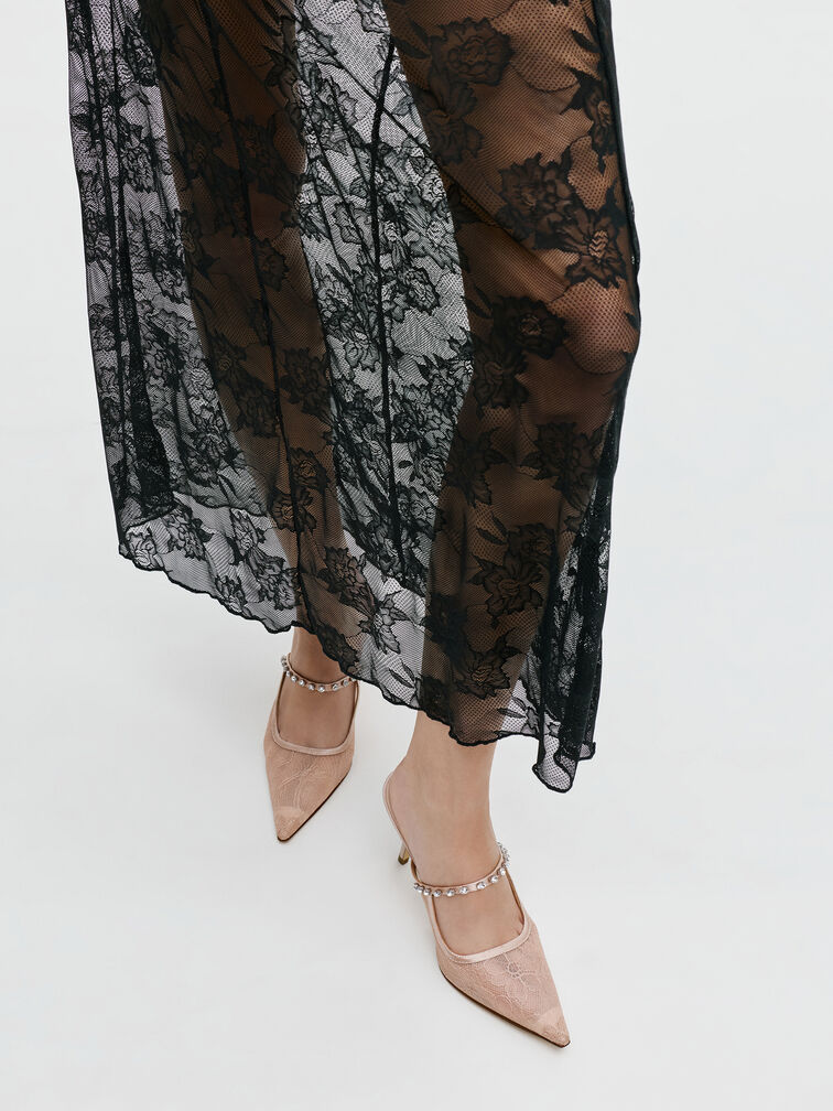 Lace & Satin Crystal Heeled Mules, Nude, hi-res