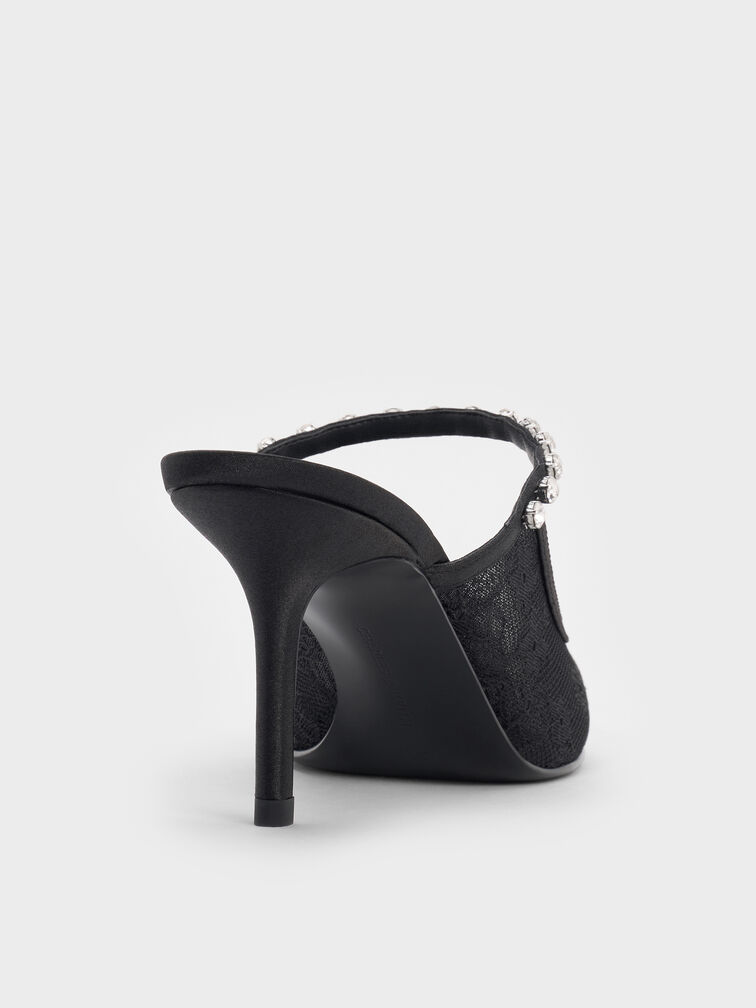 Mules à talon en dentelle et satin ornées de cristaux, Noir Texturé, hi-res