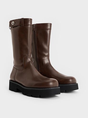 Side-Zip Lug-Sole Calf Boots, Dark Brown, hi-res