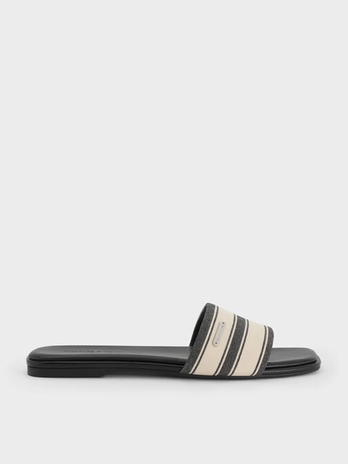 Striped Square-Toe Slide Sandals, Black Textured, hi-res