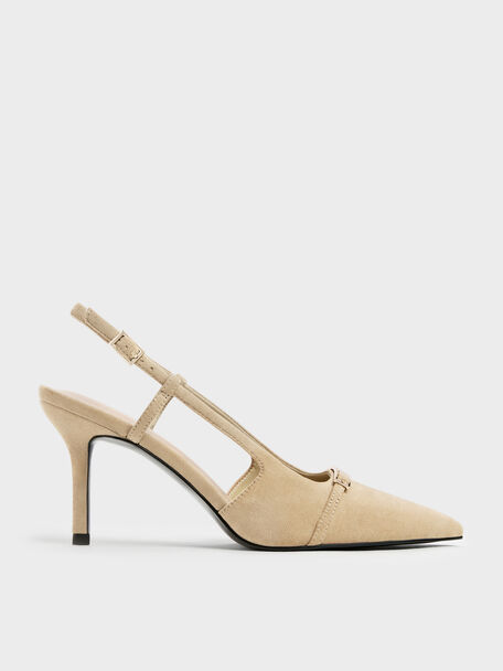 Escarpins pointus &agrave; barre m&eacute;tallique en faux daim, Beige, hi-res
