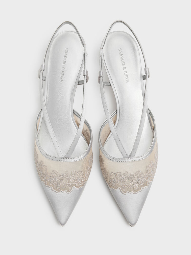 Satin Embroidered-Mesh Slingback Kitten Heels, Silver, hi-res