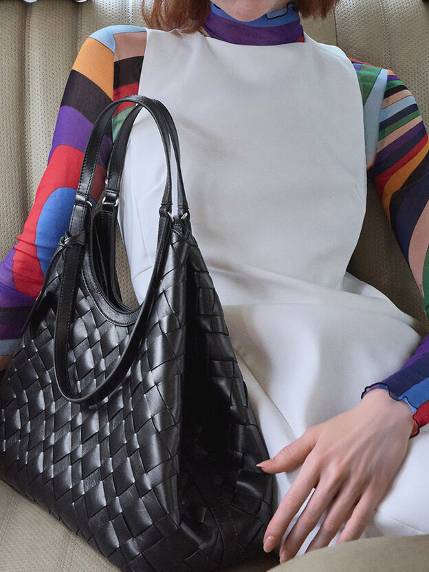 Ivette Woven Tote Bag, Noir, hi-res