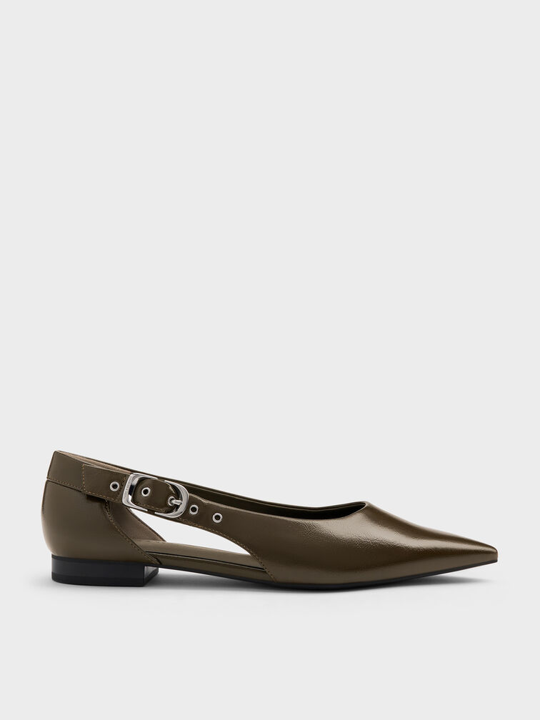 Buckled Cut-Out Ballet Flats, Olive, hi-res