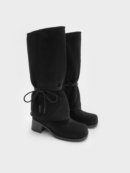 Botas altas por la rodilla en antelina con tiras de atar, Negro texturizado, hi-res