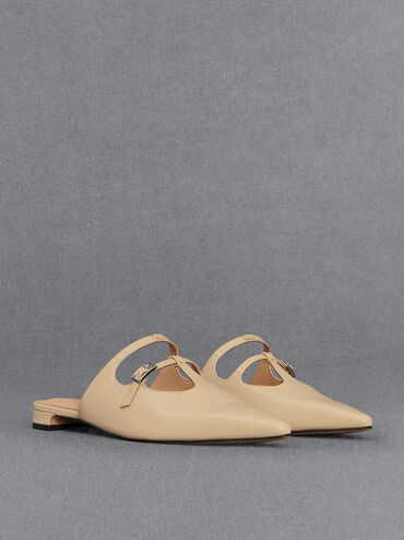 Mules à double bride salomé en cuir, Beige, hi-res
