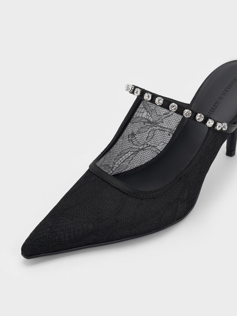 Mules à talon en dentelle et satin ornées de cristaux, Noir Texturé, hi-res